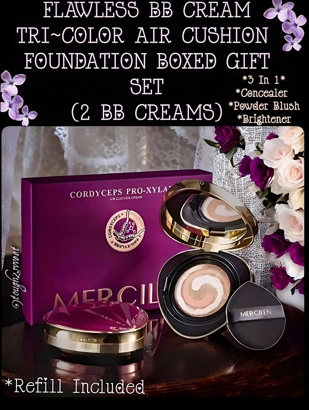 🆕FLAWLESS BB CREAM TRI~COLOR AIR CUSHION FOUNDATION WITH SPONGE (2 BB CREAMS)